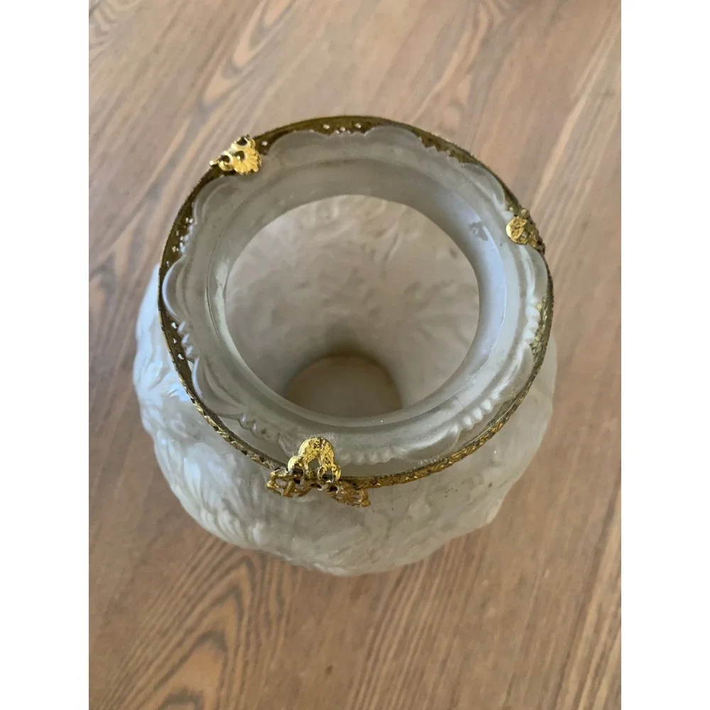 Vintage Art Nouveau Frosted Glass Floral Vase Ornate Brass Filigree Footed Base